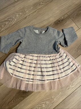 Tea Collection Baby 3-6 Months Gray Top with Pink Tulle and Striped Skirt Dress